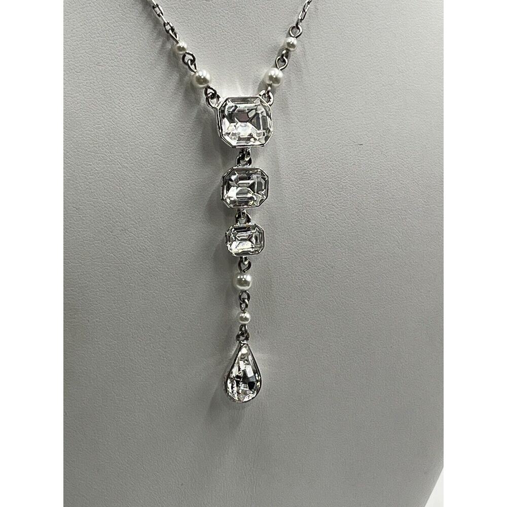 Givenchy Vintage Silver Tone Sparkling Rhinestone Faux Pearl Y Drop‎ Necklace - Picture 8 of 14